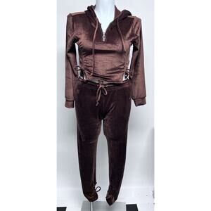 Y2k Style Velour Tracksuit Womens XL Hoodie Crop Pants Ruched Chocolate Brown